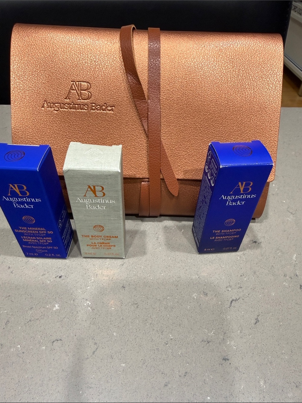 Augustinus Bader Travel Set with Rose Gold Pouch and 3 samples, New
